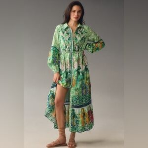 Anthropologie Eleanora Floral Green Long Sleeve Maxi Shirt Dress XS